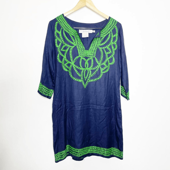 GRETCHEN SCOTT Designs Embroidered Tunic Dress navy green shift pashmina XS - Picture 2 of 6
